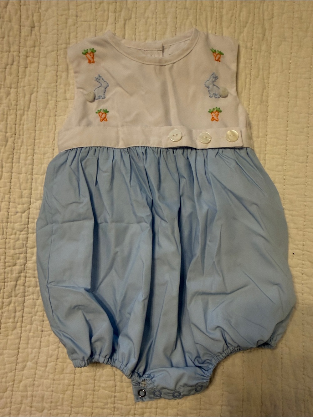 White & Light Blue Baby Bunny Embroidered One-Piece